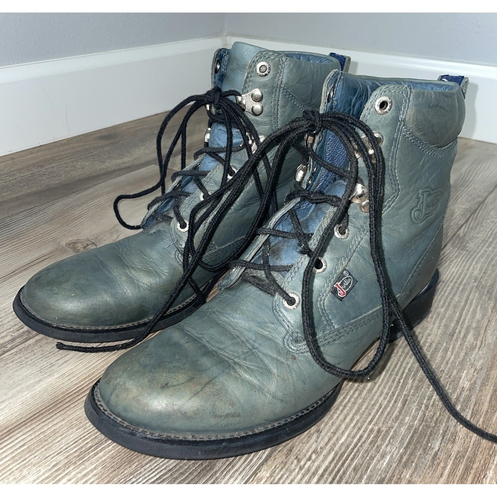 Vintage 90s Justin Boots Lace Up Teal Green Size 7.5 (C)